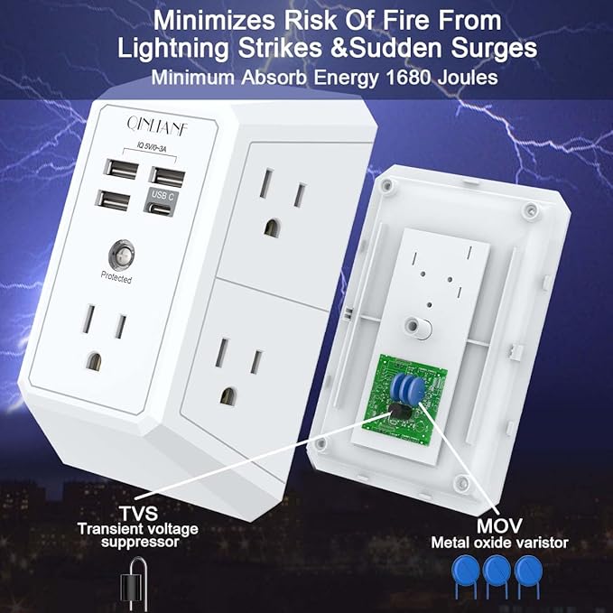 Wall Charger, Surge Protector, QINLIANF 5 Outlet Extender with 4 USB Charging Ports, 3-Sided 1680J Power Strip Multi Plug Adapter Spaced for Home Travel Office