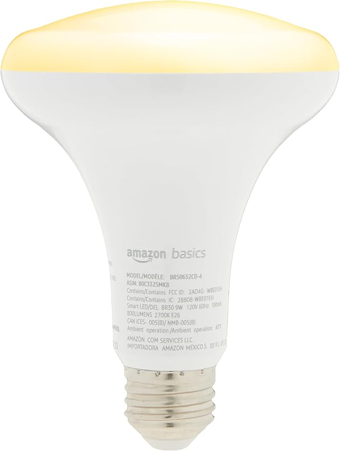 Amazon Basics Smart BR30 LED Light Bulbs for Bedroom Living Room, Dimmable Soft White (2700K), 9W (60W Equivalent), 800LM, Voice Control, Works with Alexa Only, 2.4 GHz Wi-Fi, No Hub Required, 4-Pack