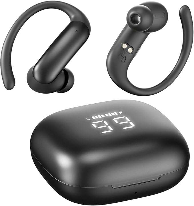 Wireless Ear Buds with Ear Hooks Bluetooth 6.0 Headphones,48H Playtime,Over Ear Buds with LED Power Display,IPX6 Waterproof for Sport Workout Running (Black)