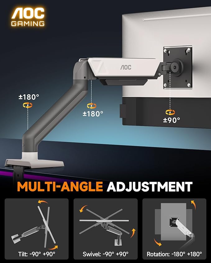 AOC Monitor Mount, Adjustable Single Monitor Arm for 17–32 Inch Screens, Fits 4.4–19.8lbs, Cable Management, VESA 75x75/100x100, C-Clamp & Grommet Base