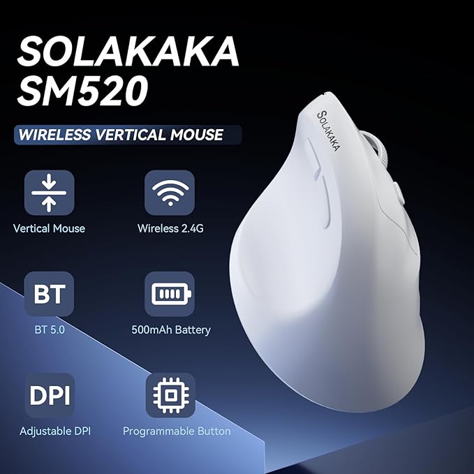SOLAKAKA SM520 Ergonomic Mouse with 24000 DPI, Vertical Mouse with Programmable Side Button, Wireless Mouse with Tri-Mode Connection - BT5.0/USB-C/2.4GHz, for Desktop, PC, Laptop (White)