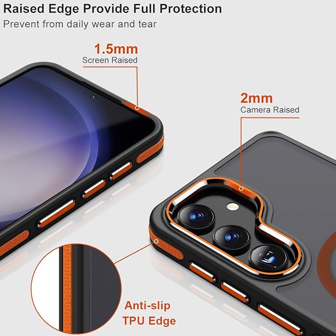 MALEWOLF Case for Galaxy S23 FE with 3 Modes Stand, Compatible with Magsafe, Color Hybrid Shockproof with Anti-Slip Edge, Matte Translucent Phone Case for Galaxy S23 FE (Black/Orange)