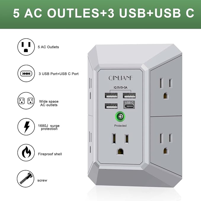 USB Wall Charger, Surge Protector, QINLIANF 5 Outlet Extender with 4 USB Charging Ports(3U1C) 3-Sided 1680J Power Strip Multi Plug Outlets Wall Adapter Spaced for Home Travel Office, Grey