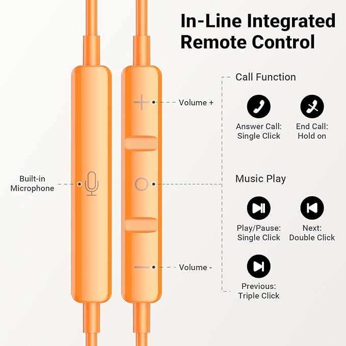 USB C Headphones for iPhone 17 Pro Max Air 16 15 Plus, Type C Earphone with Mic HiFi Stereo Magnet in Ear USBC Wired Earbuds for Samsung Galaxy S26 S25 S24 Ultra S23 Fe S22+ Flip/Pixel 10 9 8, Orange