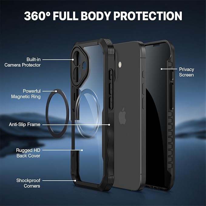 CENHUFO Magnetic Privacy for iPhone 17 Case [Compatible with Magsafe] Full Body Phone Case Built-in 9H Tempered Glass Privacy Screen Protector Camera Protection Shockproof Bumper Clear Cover -Black