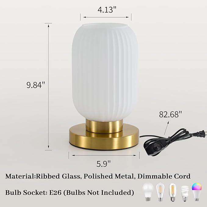 Glass Mid Century Table Lamp: 5.9" Milk White Ribbed Small Nightstand Bedside Vintage Desk Lamps - Cute Cozy Ambient Bedroom Night Lamp with Dimmable Plug in Cord - Modern e26 Grass Entryway Mcm Lamps