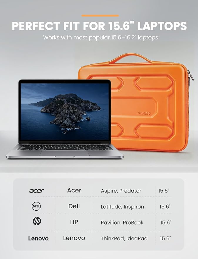 DOMISO 15.6 inch Laptop Sleeve with Handle Shockproof Waterproof EVA Protective Case for 15.6" Yoga 720 IdeaPad 310 320 ThinkPad T570/Legion 5 Gen 6/HP Envy 15/15.6" Notebooks, Orange
