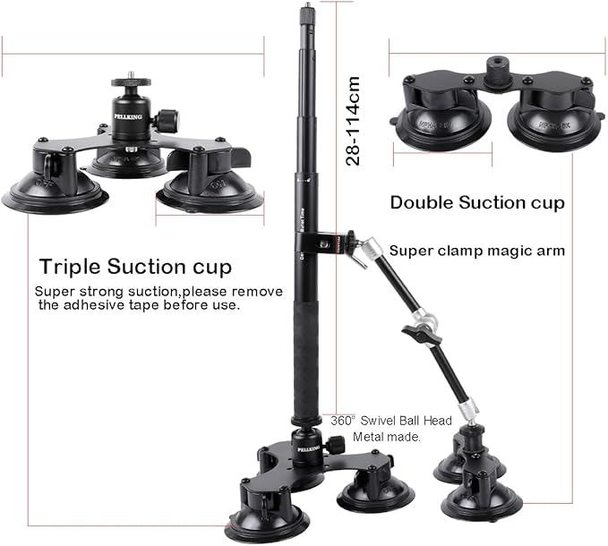 PellKing Suction Car Mount Kit for Insta360 X5/X4, X3,GO 3, 4 in1 Suction Cups with 114cm Selfie Stick Camera Triple Suction Mount Kit for Action Cameras,Compatible with GoPro 11,10,9,8,7(with Stick)