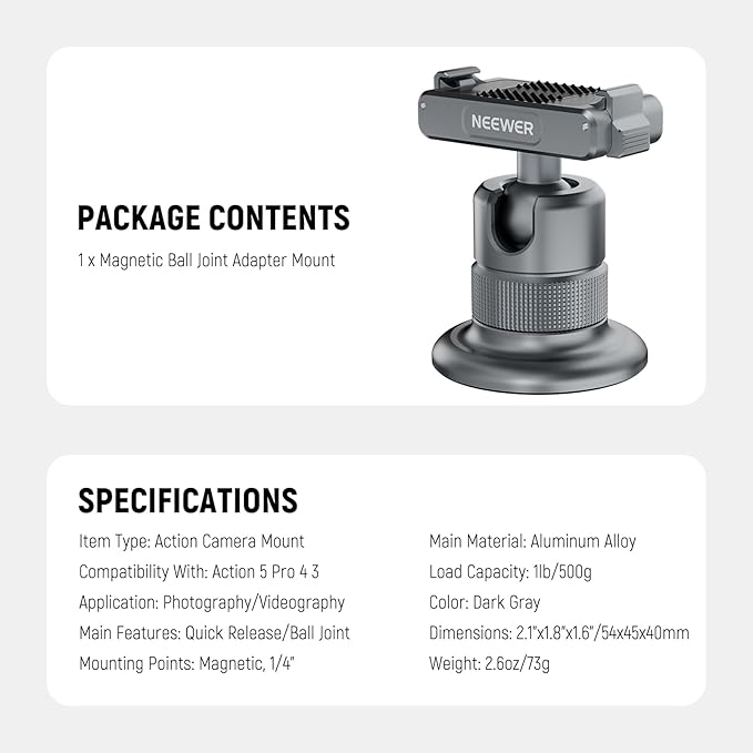 NEEWER Magnetic Camera Mount Compatible with DJI Osmo 360 / Action 5 Pro/4/3, 360° Quick Release Ball Head Adapter Mount 1/4" Thread for POV Shots, Camera Cage, Selfie Stick, Tripod, AC013 Dark Gray