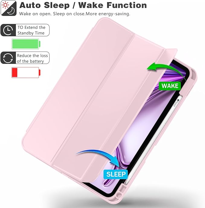 ZryXal New iPad Air 13 Inch Case M3 2025/M2 2024 with Pencil Holder, Trifold Stand Smart Case with Soft TPU Back,Auto Wake/Sleep(Pink)