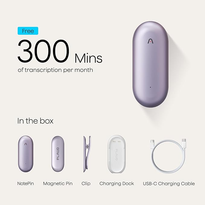 Plaud NotePin Voice Recorder, AI Voice Recorder, AI Note Taker, AI Transcribe & Summarize, Support 112 Languages, for Meetings, Lectures, Professionals, Teams, Sunset Purple, Non-S Version
