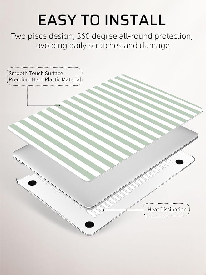 Seorsok Compatible with MacBook Pro 13 inch Case M2 2023,2022,2021-2016 A2338 M1 A2251 A2289 A2159 A1989 A1708 A1706,Cute Striped Plastic Hard Shell Case with Keyboard Cover,Green & White Stripes