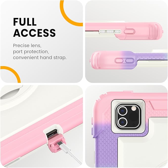 Timecity for iPad Pro 12.9 Case 6th/5th/4th/3rd Gen, 360° Rotating Stand, Pencil Holder & Wireless Charging, Shockproof with Screen Protector & Shoulder Strap - for Designers & Professionals-Pink Camo