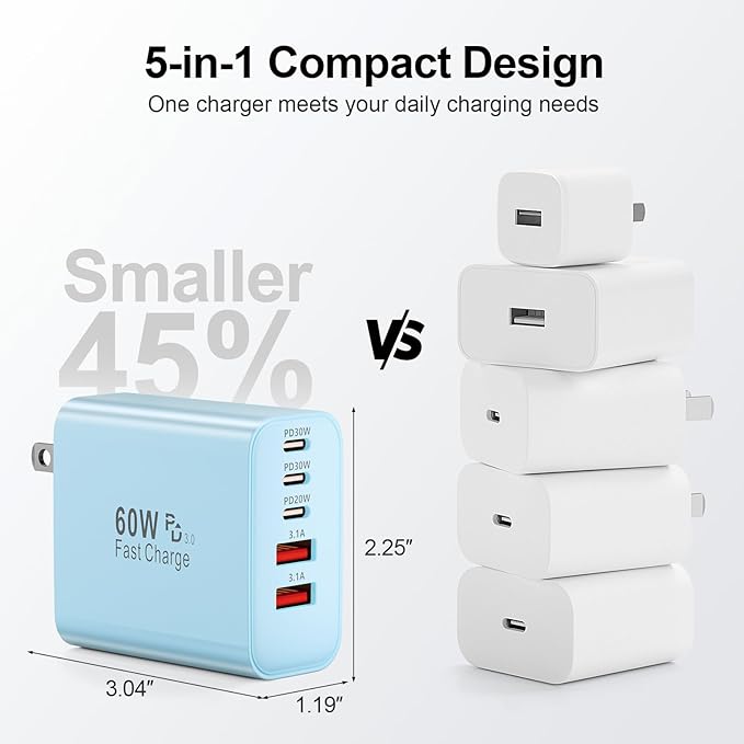 USB C Charger Block, 60W 5-Port Type C Charger Fast Charging Block, USBC USB Multiple Port Wall Charger Plug Adapter for iPhone 17/Air/16/15/14/13/12/11 Pro Max, Samsung Galaxy, iPad, Tablet (Blue)