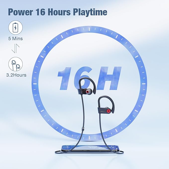 Boean Bluetooth Headphones, Wireless Headphones with 16 Hours Playtime Bluetooth 5.3 Wireless Earbuds HD Stereo Sound IPX7 Waterproof Earphones AI Music Generation Workout Headset for Running Sports