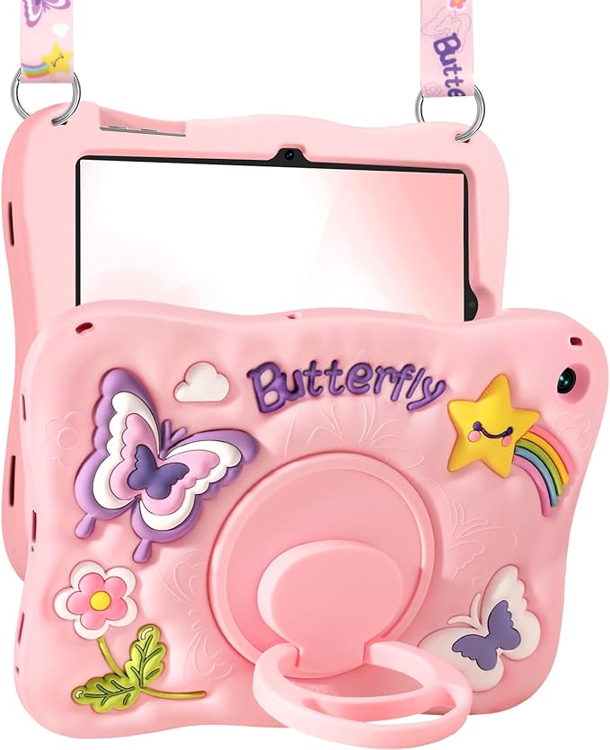 Kidcube for Samsung Galaxy Tab A9 Plus Case 11 Inch - for Girls Cute Girly Kawaii 3D Butterfly Design Cover with Rotating Stand & Strap Unique Silicone Teens Women for Samsung A9 Plus Tablet Cases