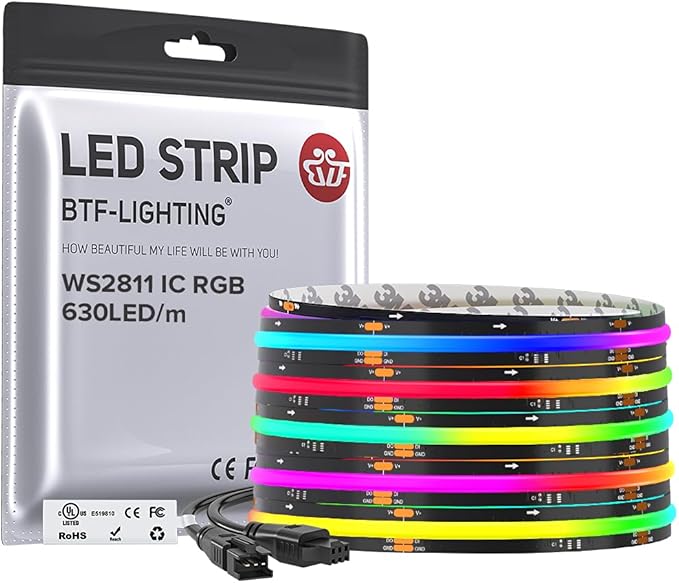 BTF-LIGHTING WS2811 Smart IC RGB FCOB COB LED Strip, UL Listed 630LEDs/m High Density Color Chasing Uniform Light, DC24V 16.4FT 10mm Width Black PCB for Home Party DIY Decor(No Adapter or Controller)