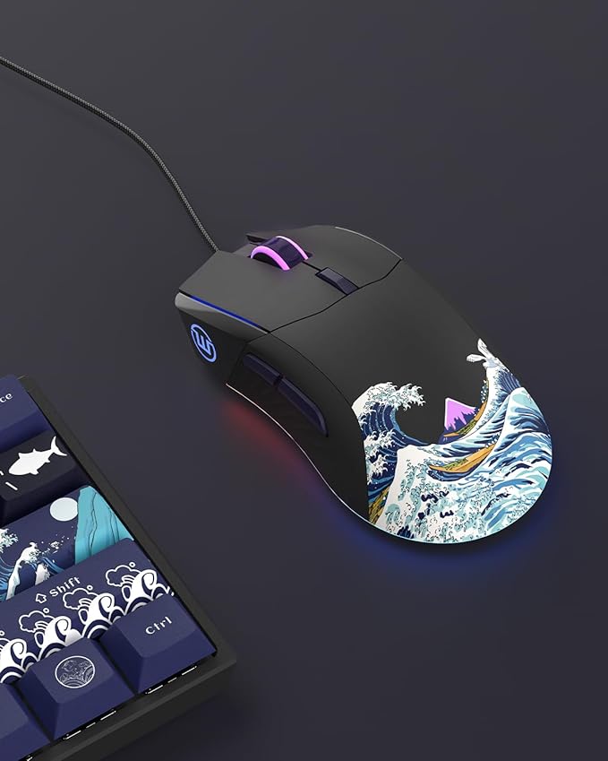COSTOM Womier USB Wired Gaming Mouse for PC Computer Windows Mac Laptop, Lightweight Silent RGB Backlit Mouse with Adjustable 12000DPI/7 Programmable Side Buttons,Black Kanagawa Theme-G705 V2
