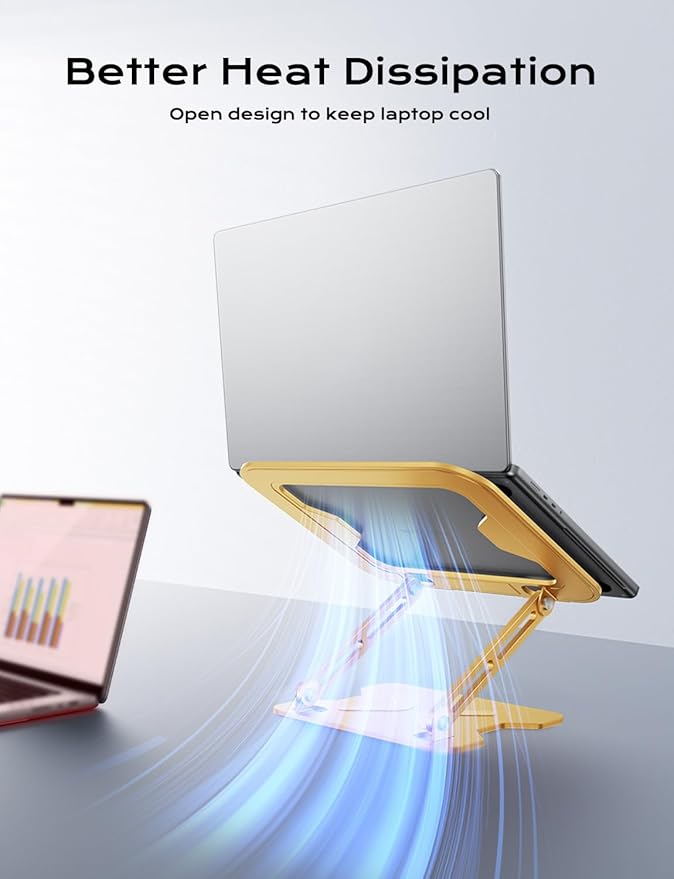 JCZT Adjustable Laptop Stand for Desk, Metal Foldable Laptop Riser, Portable Laptop Holder Mount, Ventilated Cooling Computer Notebook Stand for MacBook Air Pro, All 10-16'' Notebooks Laptops, Gold