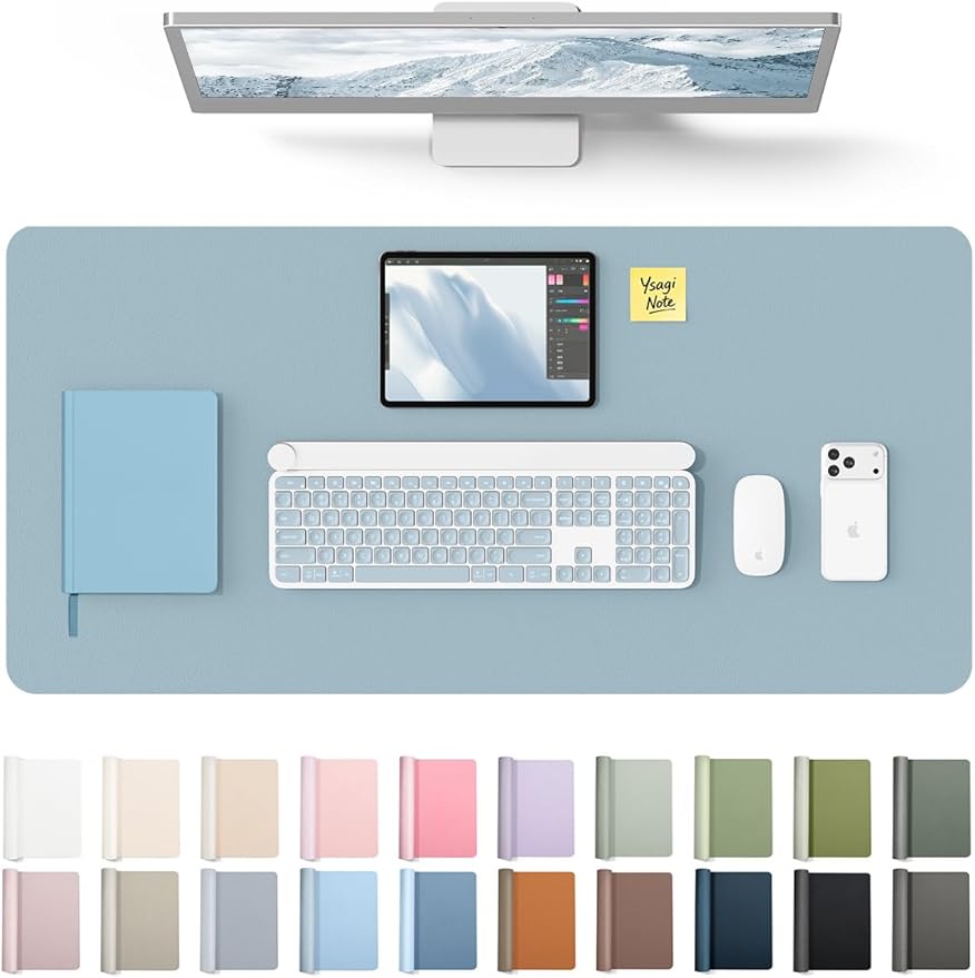 YSAGi Leather Desk Protector, Office Mat, Large Mouse Mat, Non-Slip PU Leather Blotter, Laptop Pad, Waterproof Writing Pad for Office and Home (Ice Blue, 35.4" x 17")