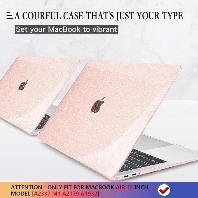 CISSOOK Glitter Pink Case for MacBook Air 13 inch 2021 2020 2018 Release Model A2337 A2179 A1932 with Touch ID, Sparkly Hard Shell Case & Keyboard Cover for MacBook Air 13 M1, Glitter Cherry Pink