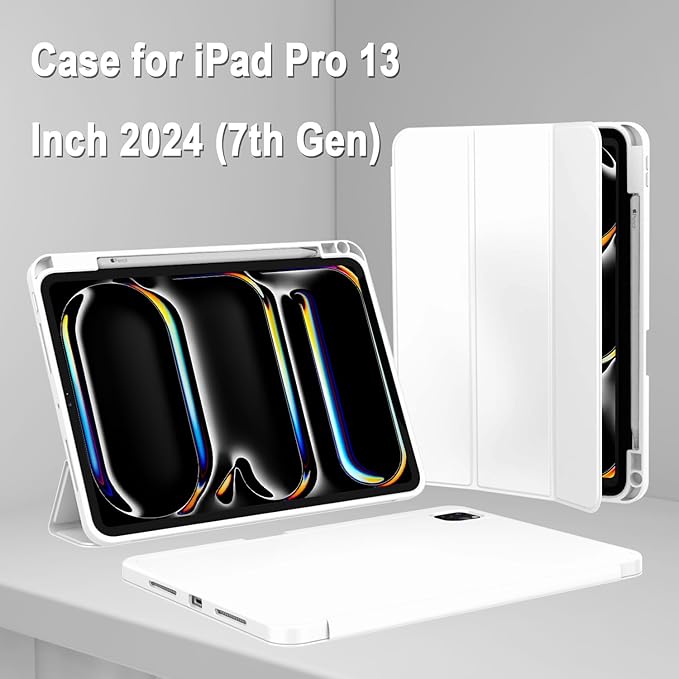ZryXal New iPad Pro 13 Inch Case (M5) 2025 / (M4) 2024 with Pencil Holder, Smart iPad Case [Support Pencil Pro and Pencil (USB-C)], Support Touch ID and Auto Wake/Sleep (New White)