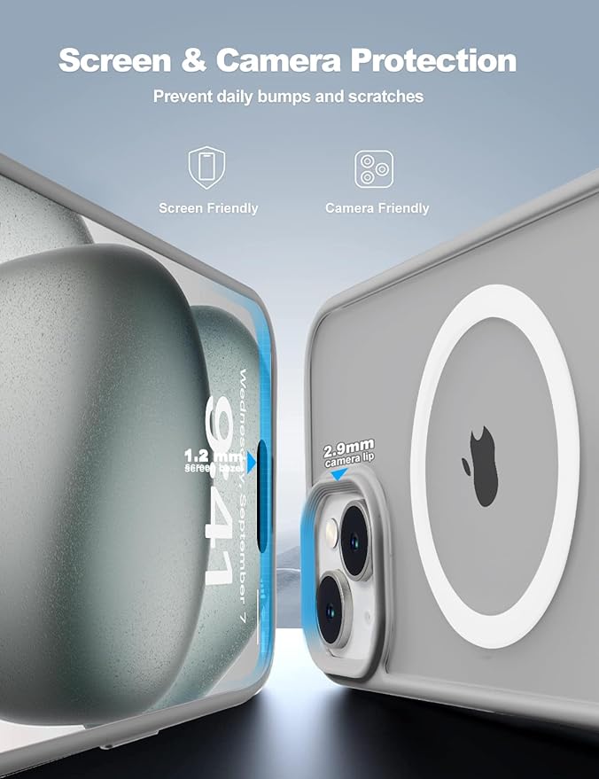 Tigowos for iPhone 15 Plus&iPhone 14 Plus Phone Case Fits MagSafe 10FT Drop Resistant Matte Skin Feeling Back Cover for iPhone 15 Plus&iPhone 14 Plus Case,Grey