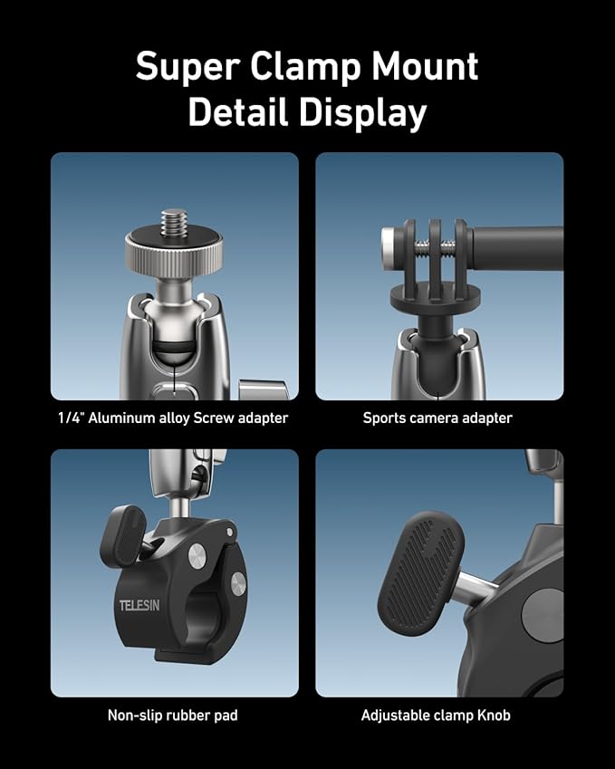 TELESIN Super Clamp Camera Mount with 360° Dual Ball Head, Bike/Bicycle/Motorcycle Handlebar Mount for DJI Osmo Pocket 4/ DJI Osmo Action 6/ Action 5 Pro/Osmo Nano/Action 4/Hero 13 12 11/Insta 360 X5