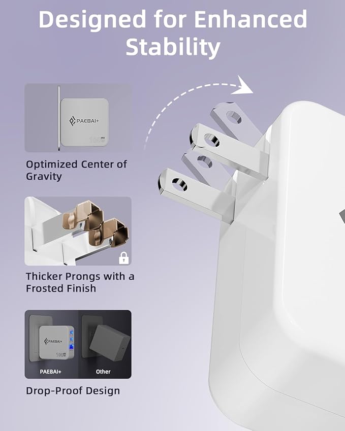 100W USB C Charger Block, 3 Port GaN Foldable Compact Wall Fast Charger for MacBook Pro MacBook Air, Dell XPS, iPhone 16 15 Series, Samsung Galaxy, iPad Pro and All USB-C Devices