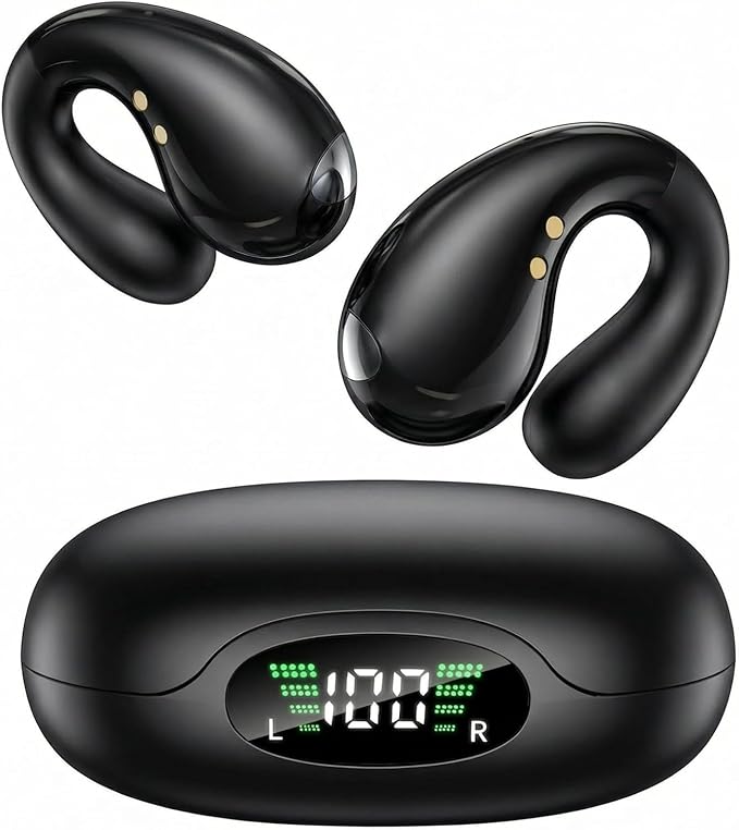 Boytond Ultra Open Ear Earbuds - Comfortable Clip-On Bone Conduction Earbuds, Over-The-Ear Open Headphones with Waterproof Build for Running, Gym Workouts, and Outdoor Sports, Classic Black