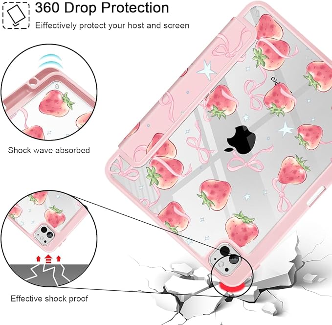May Chen for iPad Pro 13 Inch Case M5 2025 / M4 2024, Built Pencil Holder & Clear Transparent Print Back Shell Slim Stand Shockproof Tablet Cover, Auto Wake/Sleep, Bow Strawberry
