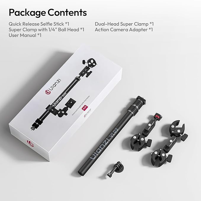 ULANZI Quick-Release Invisible Selfie Stick Motorcycle Bike Mount Kit for Insta360 X5 X4 X3/DJI Osmo 360, VL03 40in Adjustable Extension Pole Clamp Mount for GoPro DJI Insta360 Action Camera