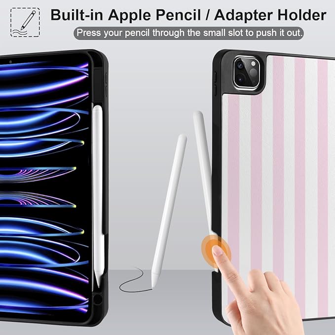 DONGKE Case for iPad Pro 12.9 inch 6th Generation 2022, Built-in Pencil Holder + Trifold Stand + Auto Wake/Sleep + Protective Cover for iPad Pro 12.9 5th/4th/3rd Gen- Pink Stripes