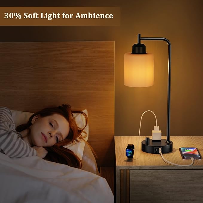 Industrial Bedroom Table Lamps for Bedside - White Opal Glass Shade Desk Lamps with USB C Port, Fully Dimmable Black Lamps with USB Port and Outlet, Reading Nightstand Lamp for Office Living Room