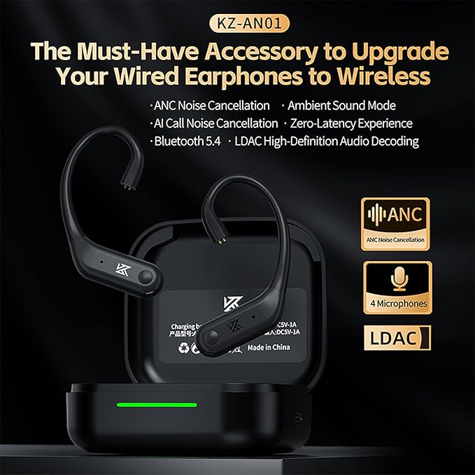 CCA KZ AN01 Active Noise Cancellation Wireless IEM Bluetooth Adapter, Bluetooth 5.4 Module, 40Hrs Playback Sport Earhook for KZ ZS10 PRO/ZSN Pro X/AS16 PRO X/Castor/EDX Pro, CRA/C12(0.78mm Pin)