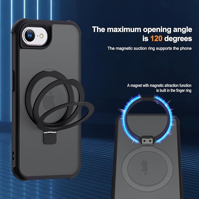 SKYLMW Compatible with iPhone 16e Case & iPhone 17e Case 6.1" with Invisible Magnetic O-Ring Stand Military-Grade Translucent Phone Cases [Compatible with Mag-Safe][Great Grip Feeling], Black