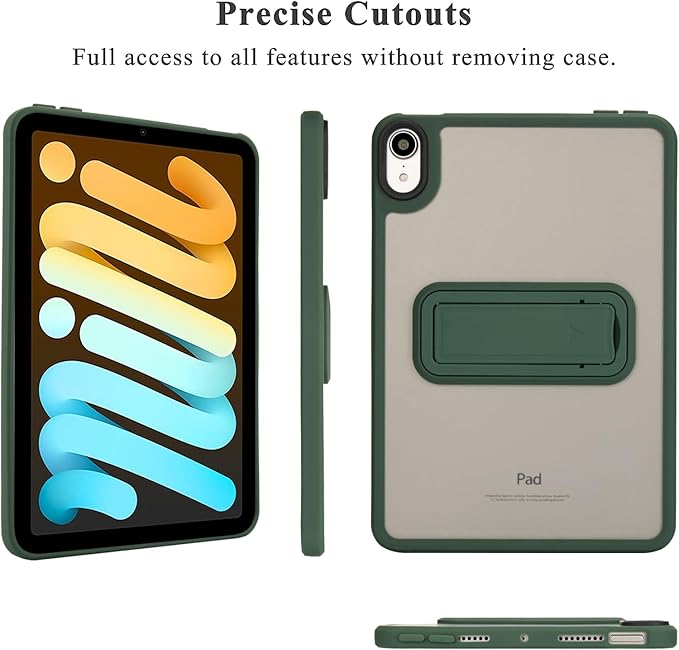 Shockproof Case for iPad mini 7th/6th Generation (2024/2021 8.3-inch), Kickstand Slim Fit Rugged Bumper Lightweight Anti-Scratch Bumper Case Cover for Women Men, Green