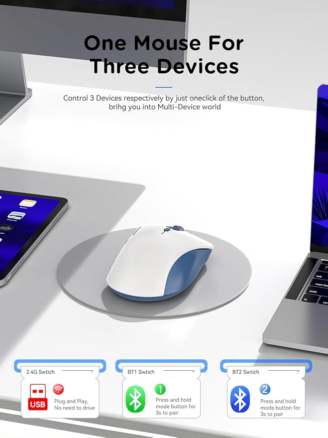 RAPIQUE Bluetooth Wireless Mouse - Dual Bluetooth & 2.4 GHz USB Receiver, Ergonomic Design, Quiet Clicks, Low Power - Multi-Device Compatibility for MacBook, Laptop, Computer (Blue and White)