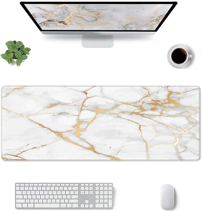White and Gold Marble XL Large Mouse Pad with Stitched Edges Long Non-Slip Rubber Base Mousepad Laptop Keyboard Mat Desk Pad for Office Home Desk Decor, 31.5" X 11.8"