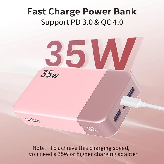NOBIS Portable Charger, 20000mAh Power Bank, 35W Power Bank Fast Charging, Battery Pack with C to C Cable, Battery Bank with Digital Display for Phone Android etc (Pink)