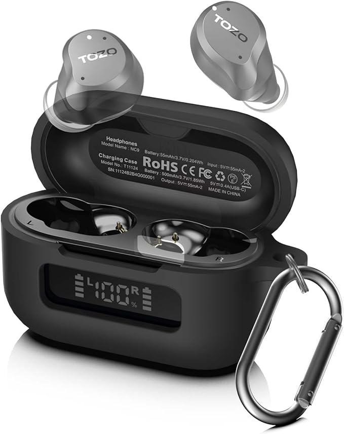 for TOZ0 NC9(2024) Case Cover, Silicone Protective Battery Display Visible Design Cover ONLY for TOZO NC9 Hybrid Active Noise Cancelling Wireless Earbuds 2024 Version with Carabiner-Black