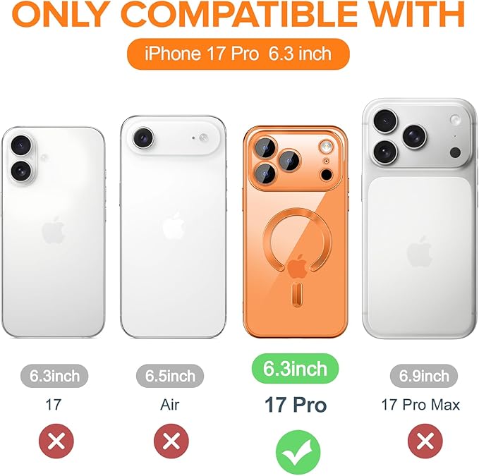Hython Magnetic Clear for iPhone 17 Pro Case with Camera Lens Protector [Compatible with MagSafe] Luxury Plating Edge Slim Soft TPU Cover Protective Phone Case for iPhone 17 Pro 6.3", Matte Orange
