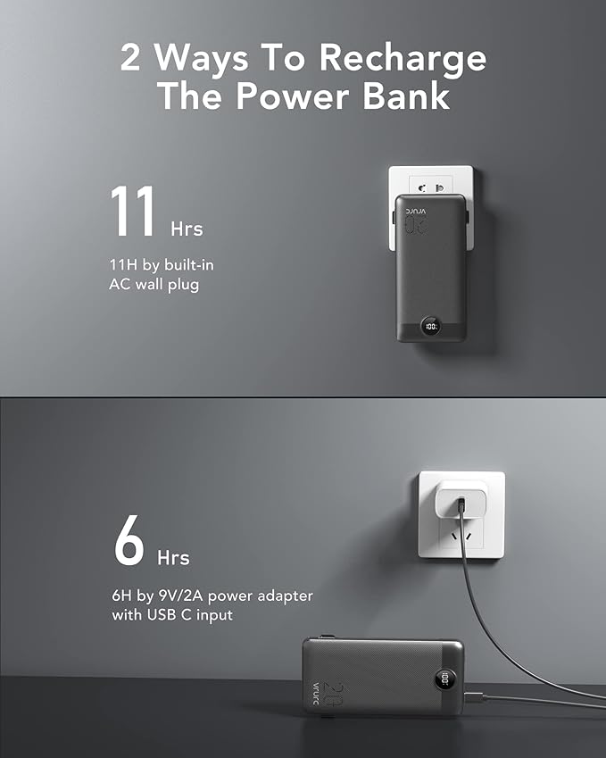 VRURC Portable Charger 20000mAh, Fast Charging Power Bank USB C,4 Output 2 Input Travel Essentials Charging Bank Equipped with LED Display,Built-in Wall Plug and Cables,Phone Charger Battery,Black
