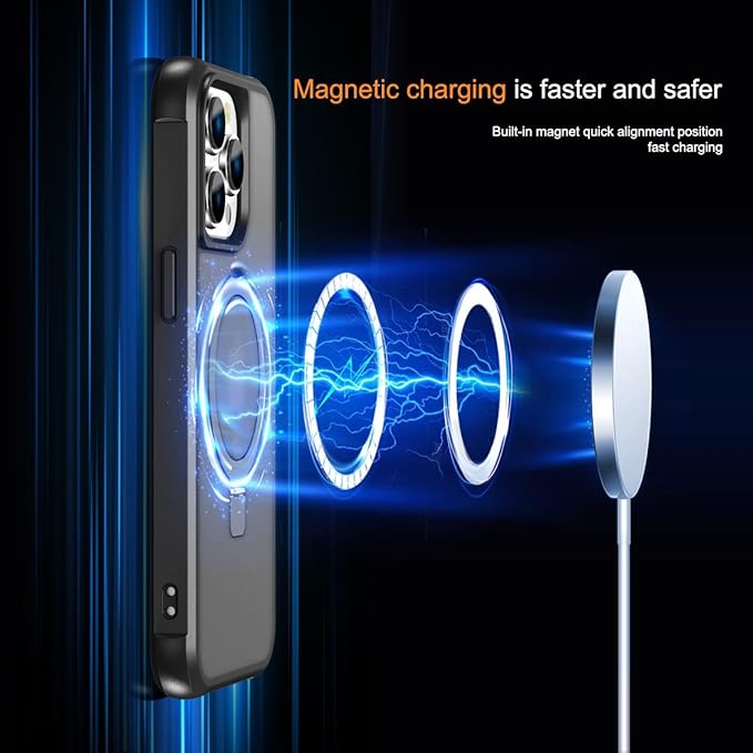 SKYLMW Compatible with iPhone 14 Pro Case with Invisible Magnetic O-Ring Stand Military-Grade Translucent Case for iPhone 14 Pro 6.1" [Compatible with Mag-Safe][Great Grip Feeling], Black