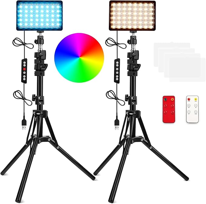 2 Packs RGB LED Video Light with Adjustable Tripod Stand/White Filters, Dimmable 2500-6500K USB Video Conference Lighting Kit for YouTube Photography/Game Zoom Live, Streaming,TikTok, 1.6M