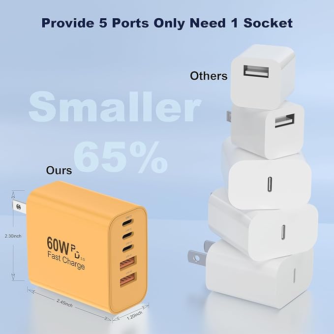 USB C Charger Block, 60W 5 in 1 Charging Blocks, PD 3.0 Fast Charger, QC 2A Yellow Wall Plug Multiport Type C Charging Block for iPhone 17 16 15 14 13 12 Pro Max, iPad, iPod, Samsung, AirPods Pro