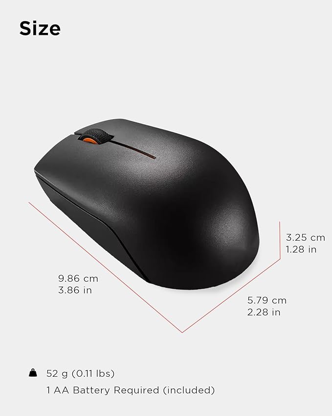 Lenovo 300 Wireless Mouse, Black, Computer Mouse for PC and Laptop with Windows, Ambidextrous Design, 2.4 GHz Nano USB Receiver, 12 Month Battery Life