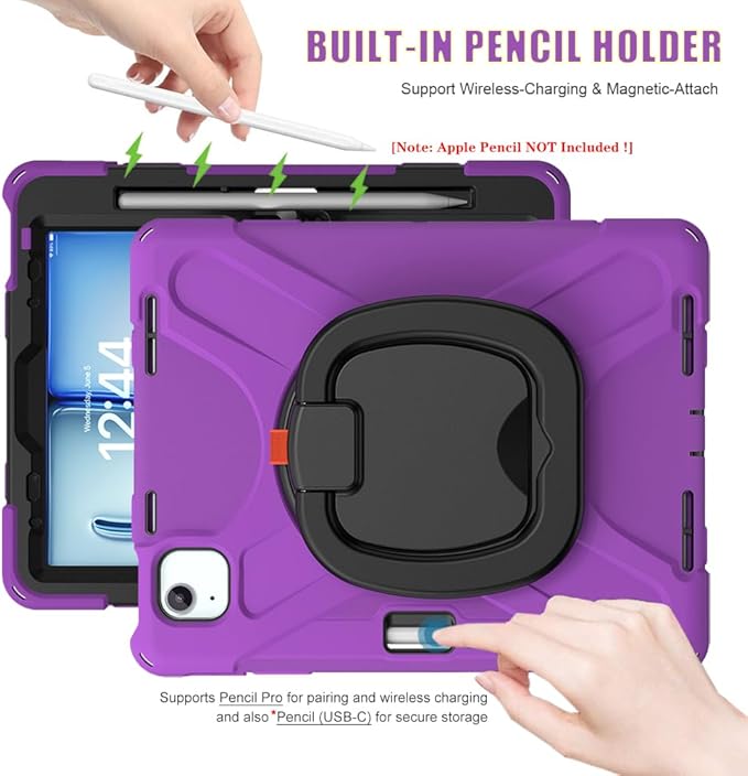 SCSVPN Case for iPad Air 11 Inch M4/M3/M2 (2026/2025/2024), iPad Air 10.9'' 5th/4th Gen 2022/2020, iPad Pro 11 4th/3rd/2nd/1st Gen, Protective Kids Case with Pen Holder, Stand, Shoulder Strap, Purple