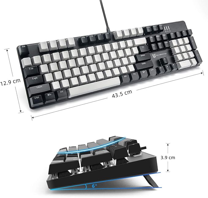 Merdia 104 Keys Wired Mechanical Gaming Keyboard | White LED Backlit US Layout | Hot Swappable Blue Switch Full Size Mechanical Keyboard | Black & Grey Keycaps Light Up PC Gaming Computer Keyboards