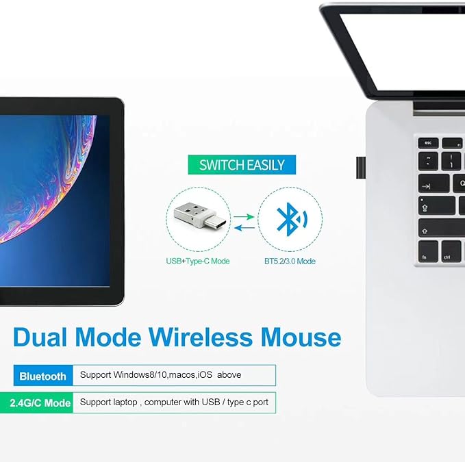 KLO Rechargeable Bluetooth 5.2/3.0/Type-C/USB-2.4G Mouse for MacBook/MacBook air/Pro/iPad, Wireless Mouse for Laptop/Notebook/pc/iPad/Chromebook (2/Silver)